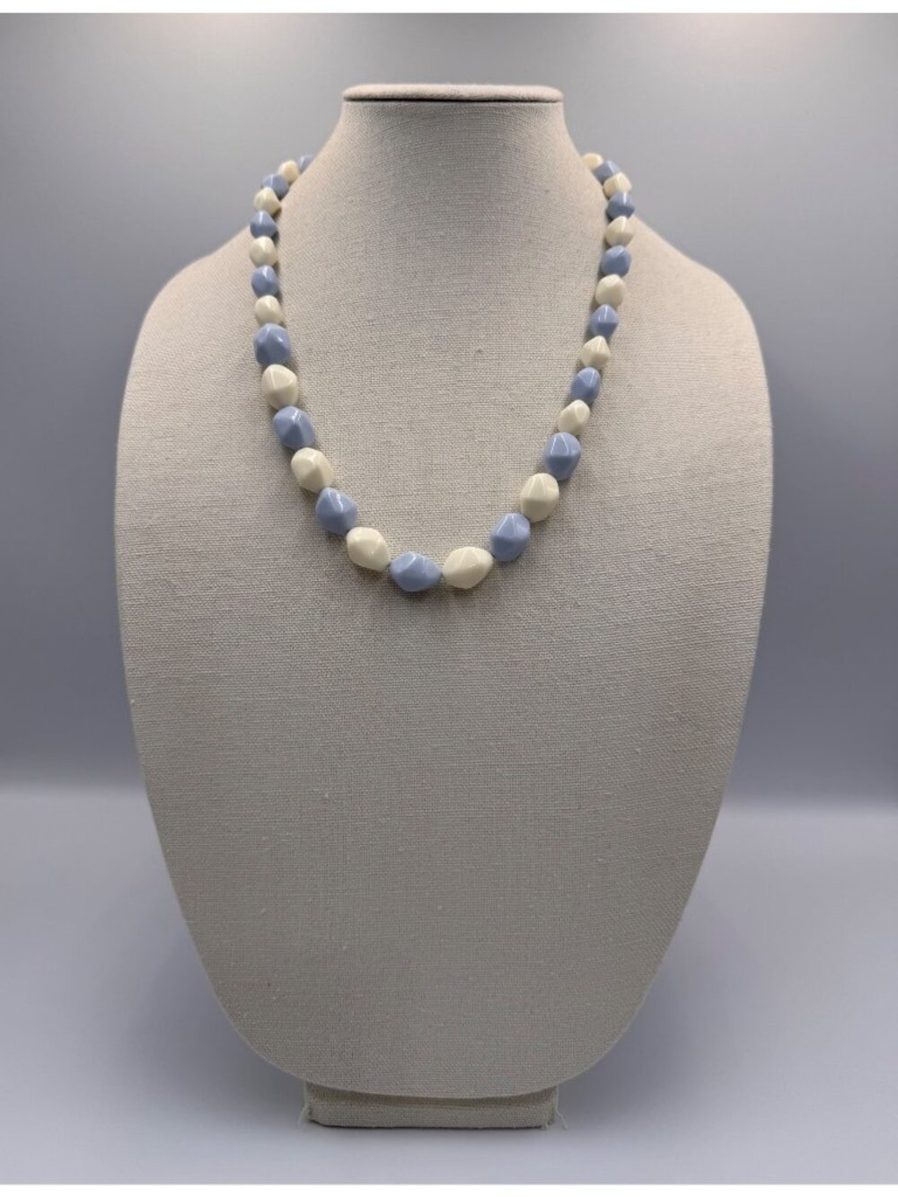 Vintage Genuine Lucite Blue Cream Graduated Faceted Bead Necklace 24”